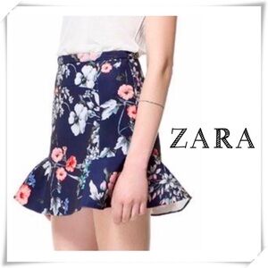 Zara Floral Print Ruffle Hem Mini Skater Skirt in Navy Blue